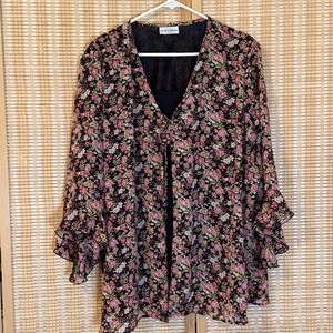 Sarah B Womens 3X Tunic Floral Black 3/4 Flair Sleeve Boho Cottagecore Whimsical